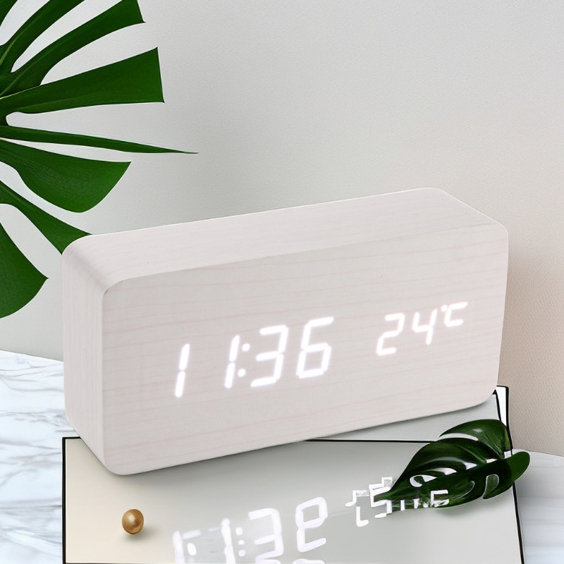 Nordic LED wooden clock, wood grain clock, silent night light living room bedroom bedside digital alarm clock