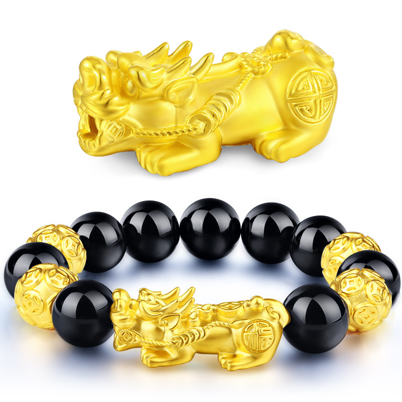 Vietnam sand gold Pixiu bracelet men and women original design imitation gold Pixiu black obsidian bracelet