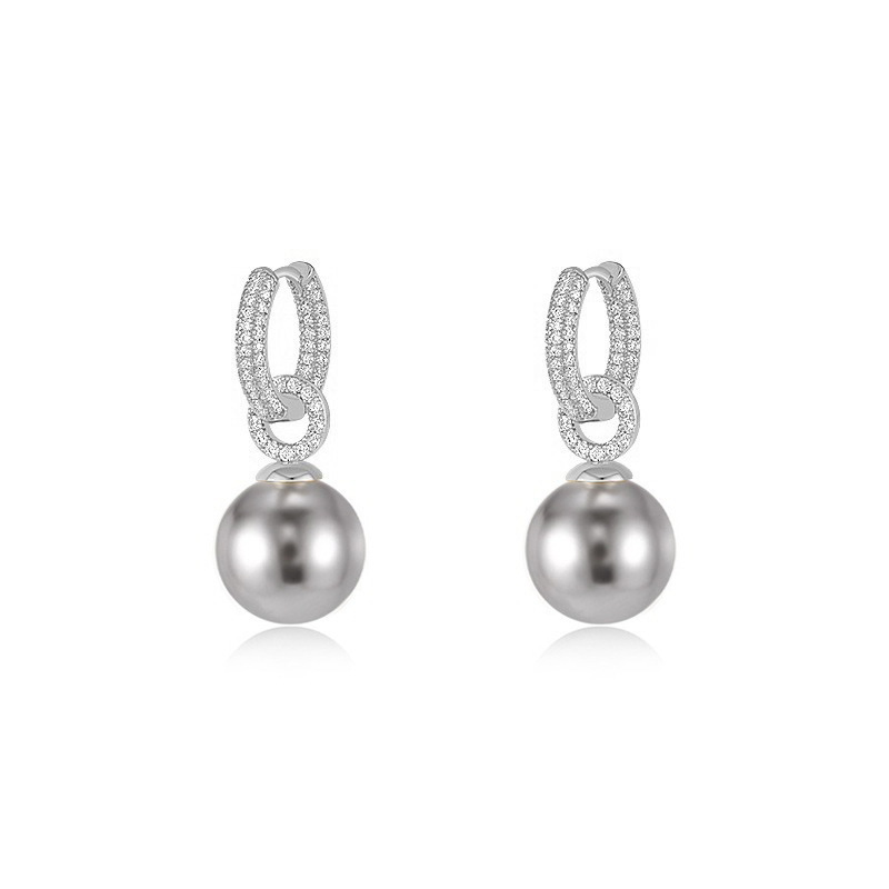 Zircon-set gray pearl earrings, goddess style, detachable round shell pearl earrings