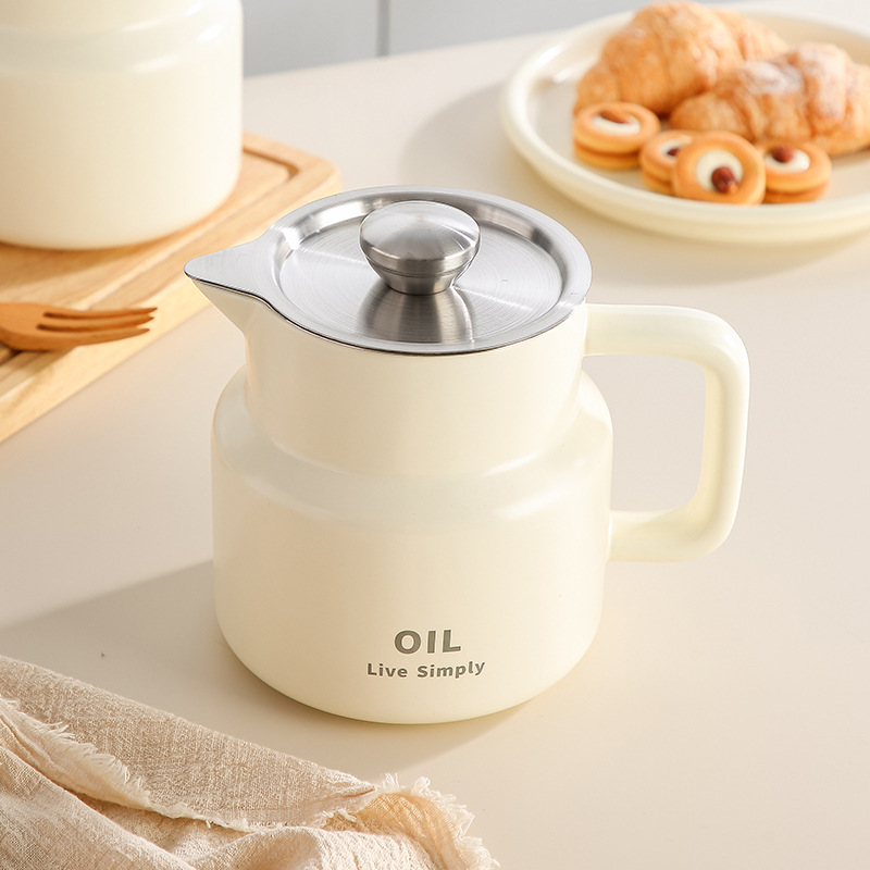Ceramic Oil Filter Pot, Kitchen Leftover Oil Filter, Large Capacity Oil Storage Pot with Filter, Household Handle Lard Pot with Lid