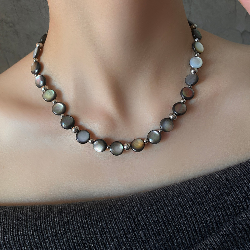 Natural deep-sea black lip pearl shell with color necklace for women, abalone shell colorful bead necklace, wind collarbone chain