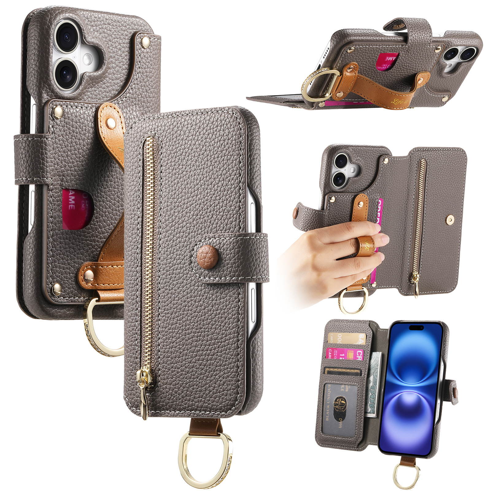 Litchi grain faux leather back adhesive flip phone leather case for Apple 18 phone case card slot iPhone18 shell