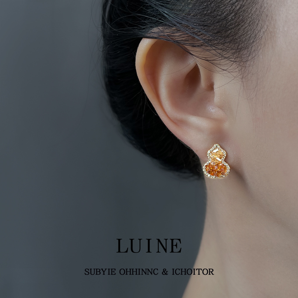 Close your eyes and buy! Easy to sell! Micro-set zircon silver-plated needle crystal gourd earrings orange gradient champagne earrings
