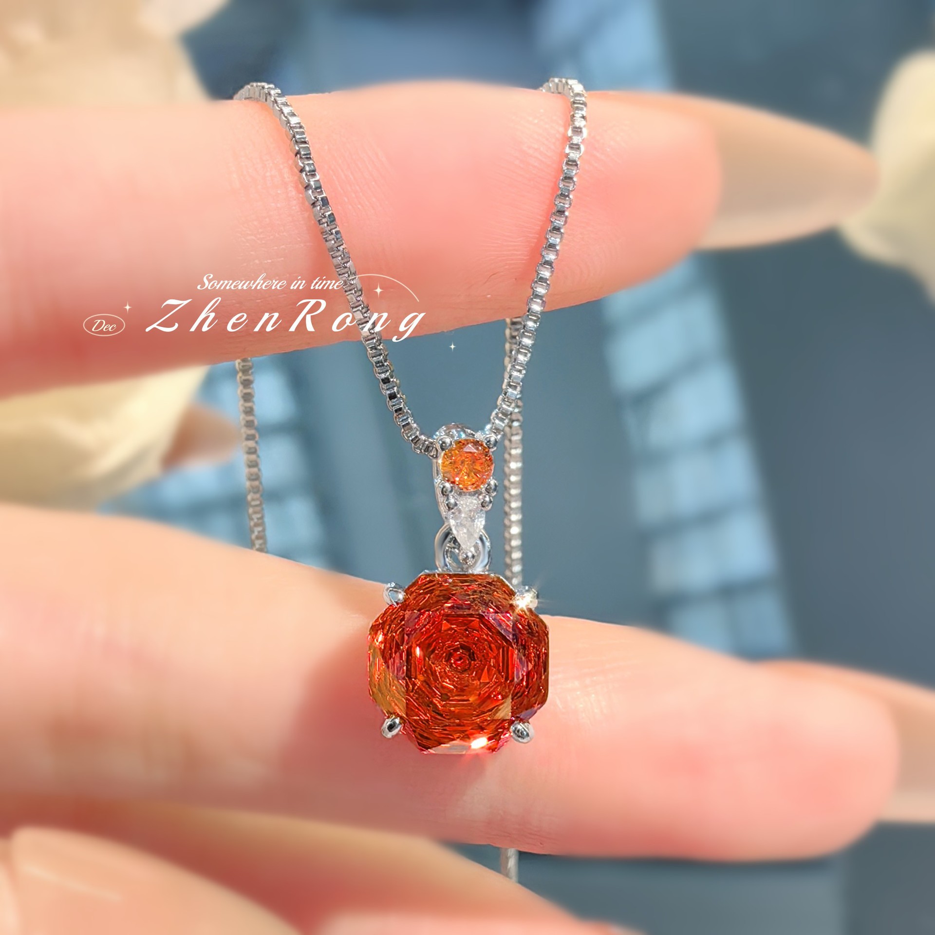 Octagonal millennium rose cut炫彩 necklace pendant inlaid with high carbon diamond Chinese red earrings color gem pink diamond ring women