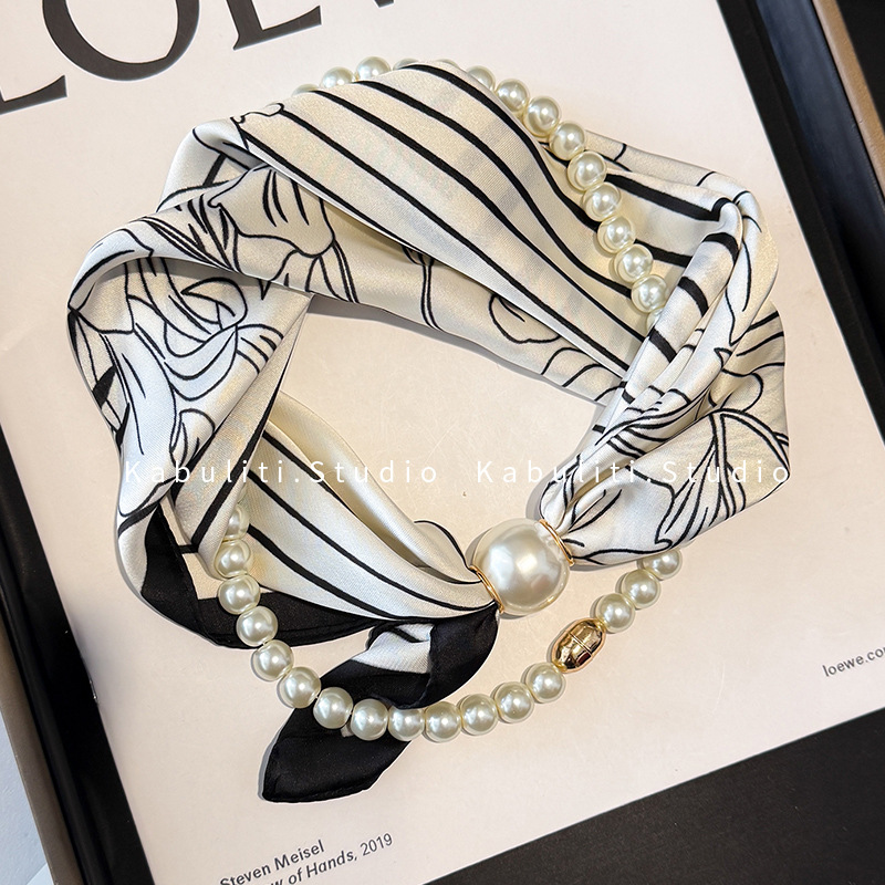 Off-white magnetic buckle pearl necklace, narrow small ears long strip silk scarf for women, neck protection matching shirt thin scarf
