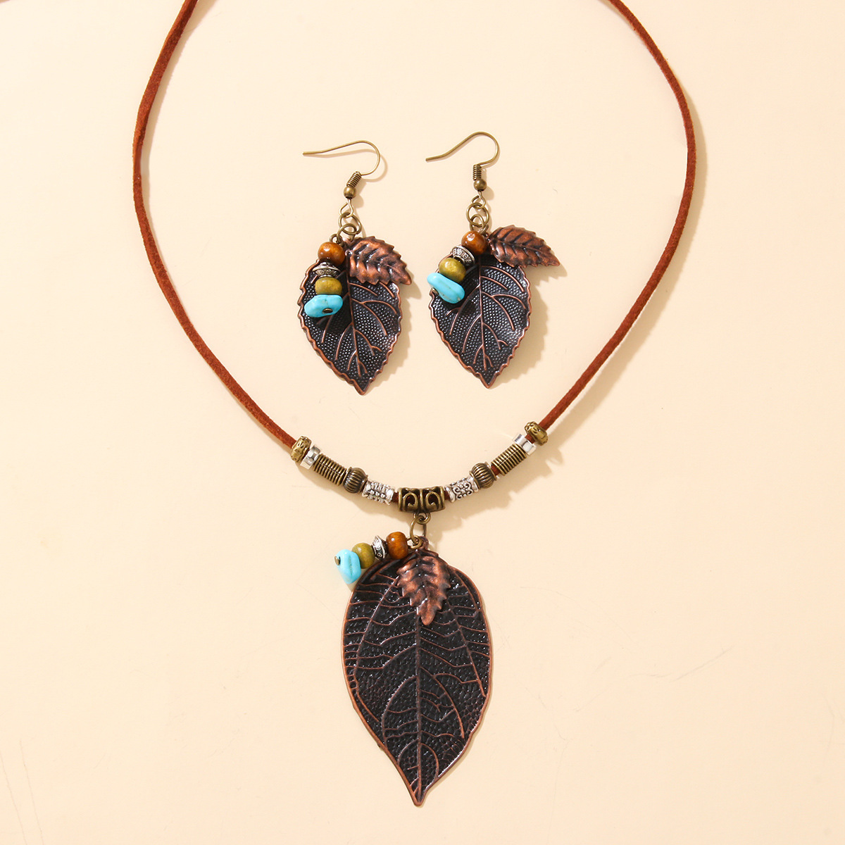 Five-leaf Clover Beaded Wax Rope Necklace Sweater Chain Earring Necklace Set