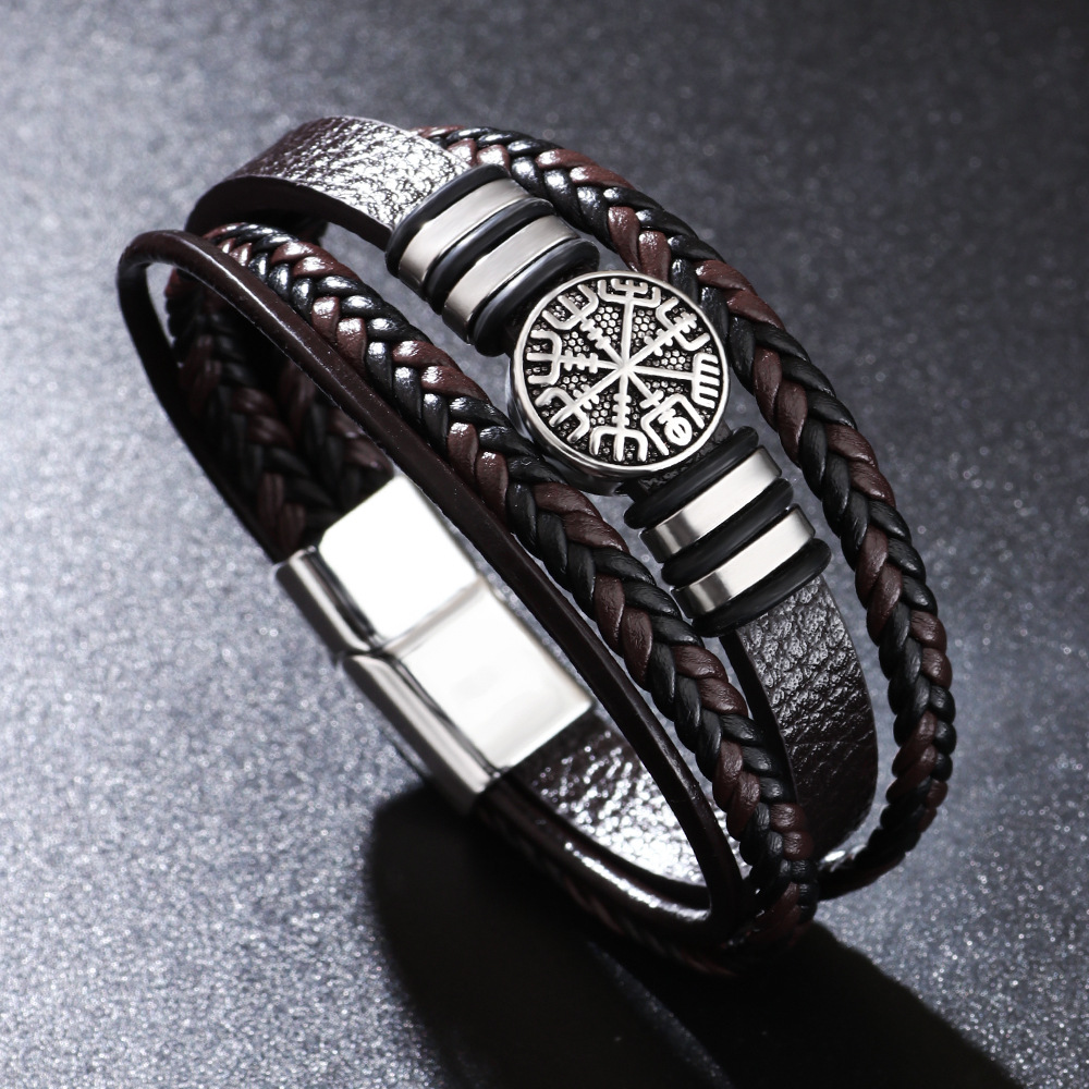 Woven Leather Rope Bracelet Punk Style Multi-layer Men's Bracelet Chain Compass