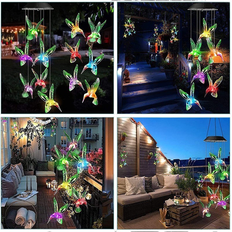 Solar Wind Chime Courtyard Decorative Light Color Changing Balcony Outdoor Waterproof Hanging LED Hummingbird Light String