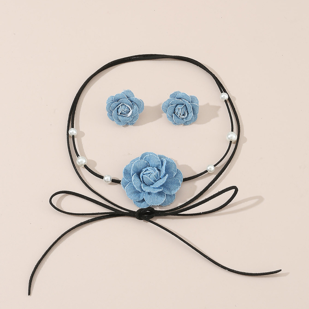 SZ0627 Denim Camellia Beaded Lace-up Necklace Earrings Set Women's Niche Choker Collarbone Chain
