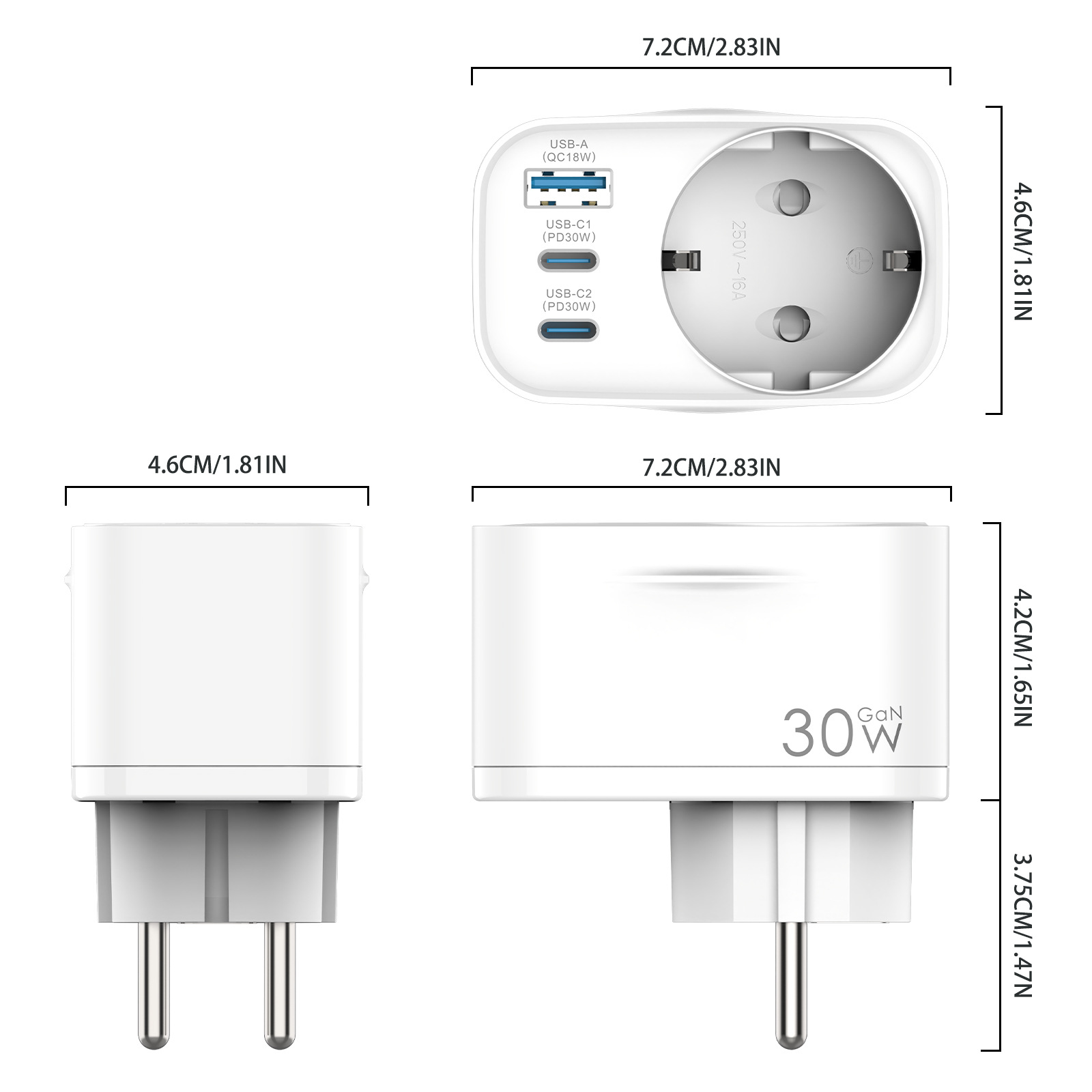 EU Standard 1USB+2TypeC Conversion Socket GaN Charger PD30W Fast Charging Power Strip