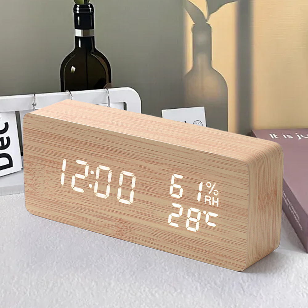 Nordic Wooden Alarm Clock Hygrometer Clock Multifunctional Silent Night Light Student Bedroom Bedside Wooden Clock