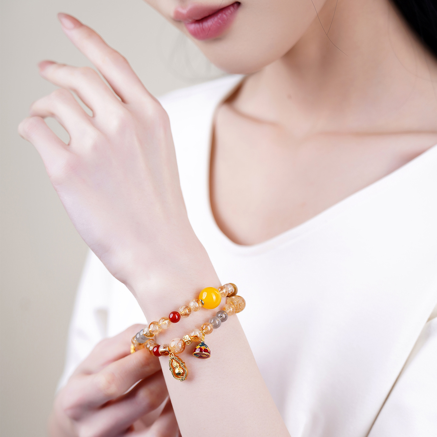 Natural Crystal Yellow Tower Crystal Multi-treasure Pixiu Gourd Double-loop Bracelet Original Scenic Area Female Bracelet