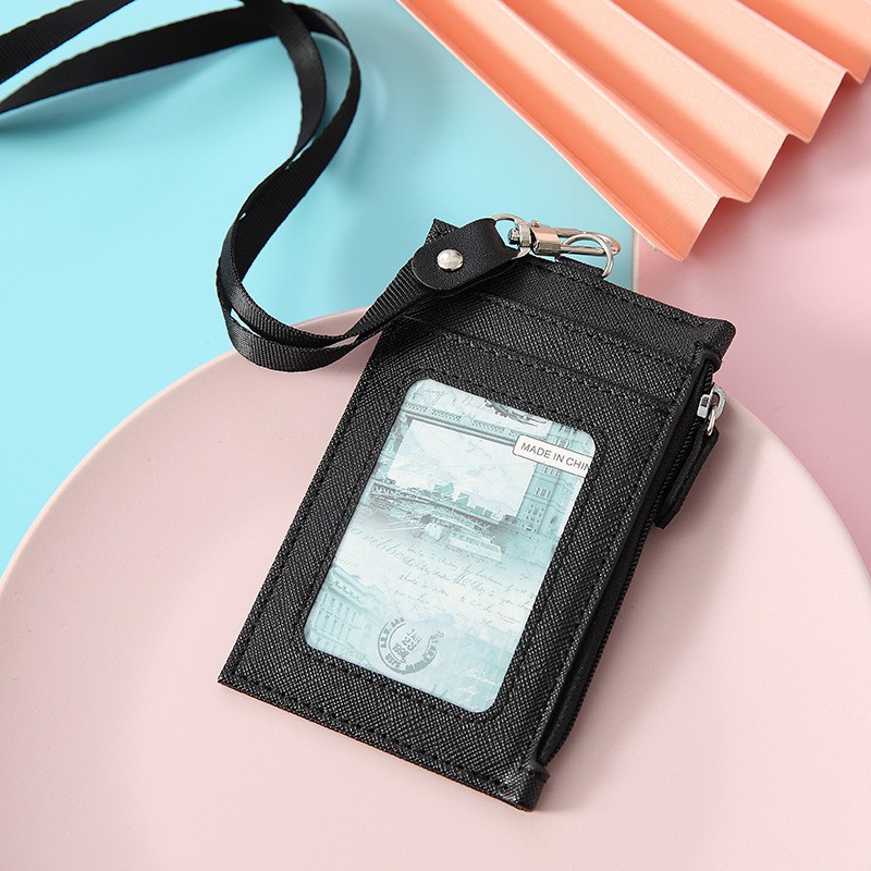 PU leather card holder with lanyard men and women card sleeve neck card holder card case coin purse multi-card slot simple card holder