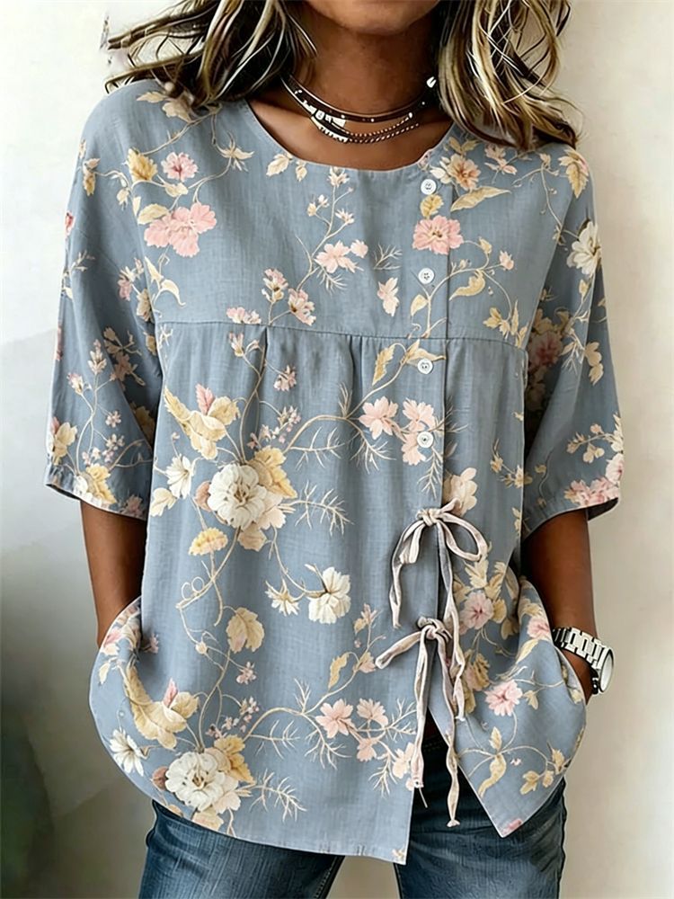 2026 New Style Printed Dandelion Loose Short Sleeve Blouse Women Tie Casual Top