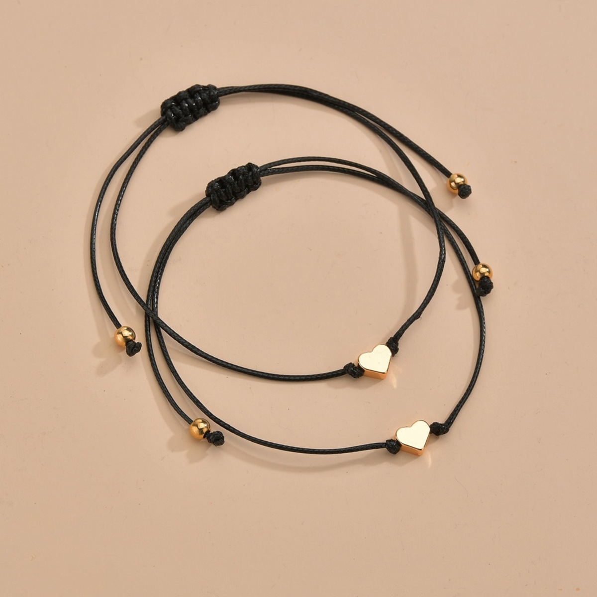 Simple style alloy double heart waterproof wax thread woven adjustable blessing card bracelet 2-piece set