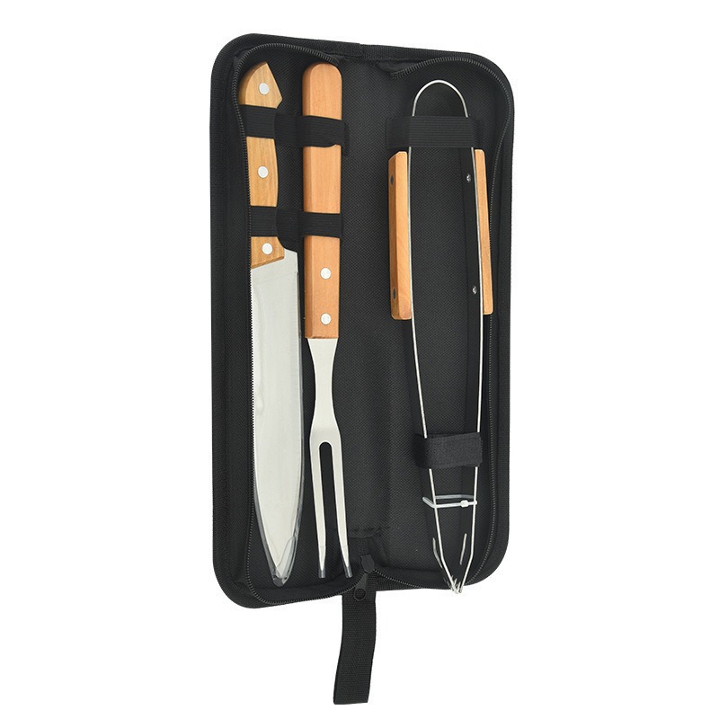 Outdoor Camping BBQ Tools Set Wooden Handle Fork Spatula Tongs BBQ Accessories Bag Stainless Steel BBQ Tools