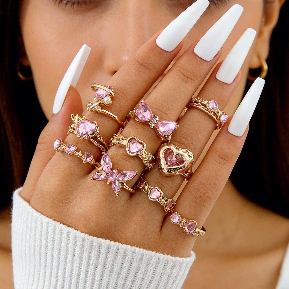 Pink Heart Layered Ring Set Sweet Girl Style Rhinestone Butterfly Finger Ring Accessories
