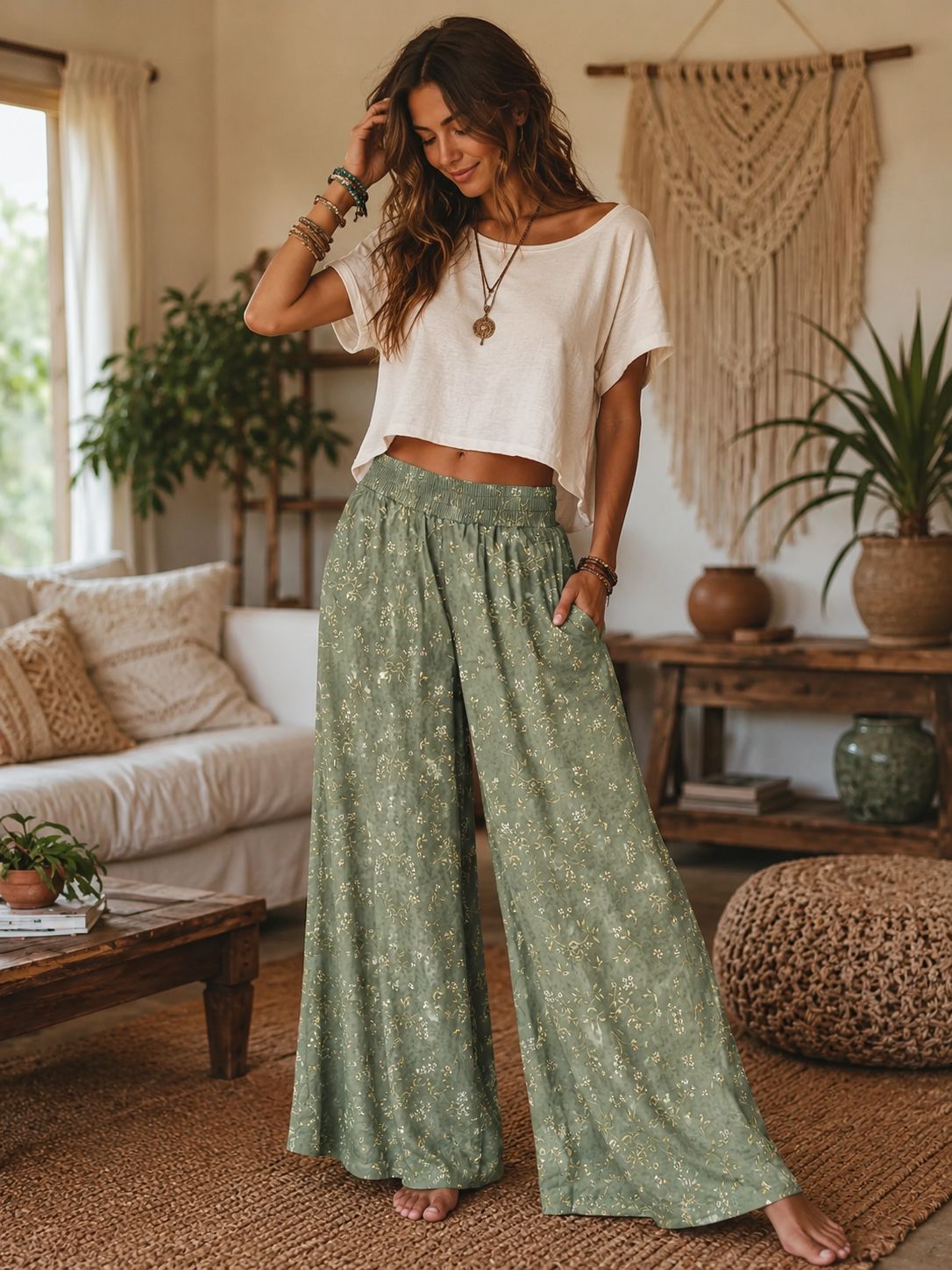 2026 Summer New Linen Printed Pants Commute Style High Waist Elastic Wide Leg Pants Women