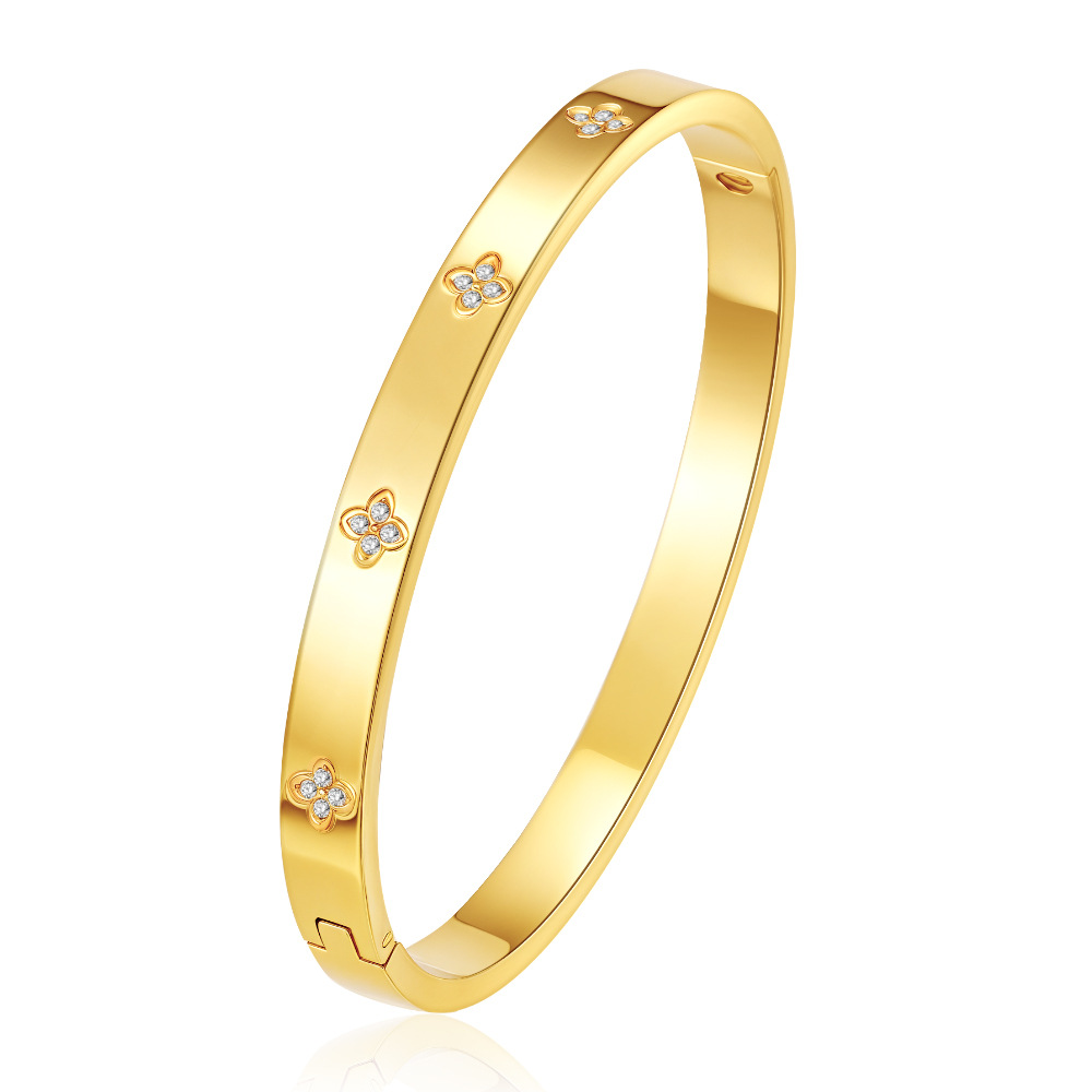 Round stainless steel snap bracelet, PVD 18K electroplated with rhinestones, for women, titanium steel bracelet ear accessories