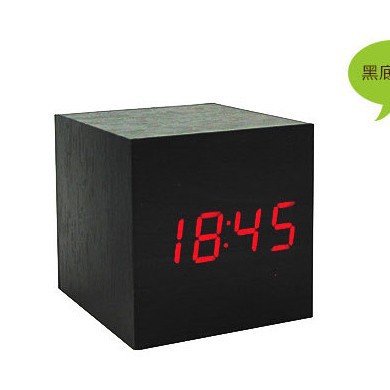 Mini small square wooden clock, LED electronic alarm clock, silent voice-activated multi-functional clock, gift logo decoration