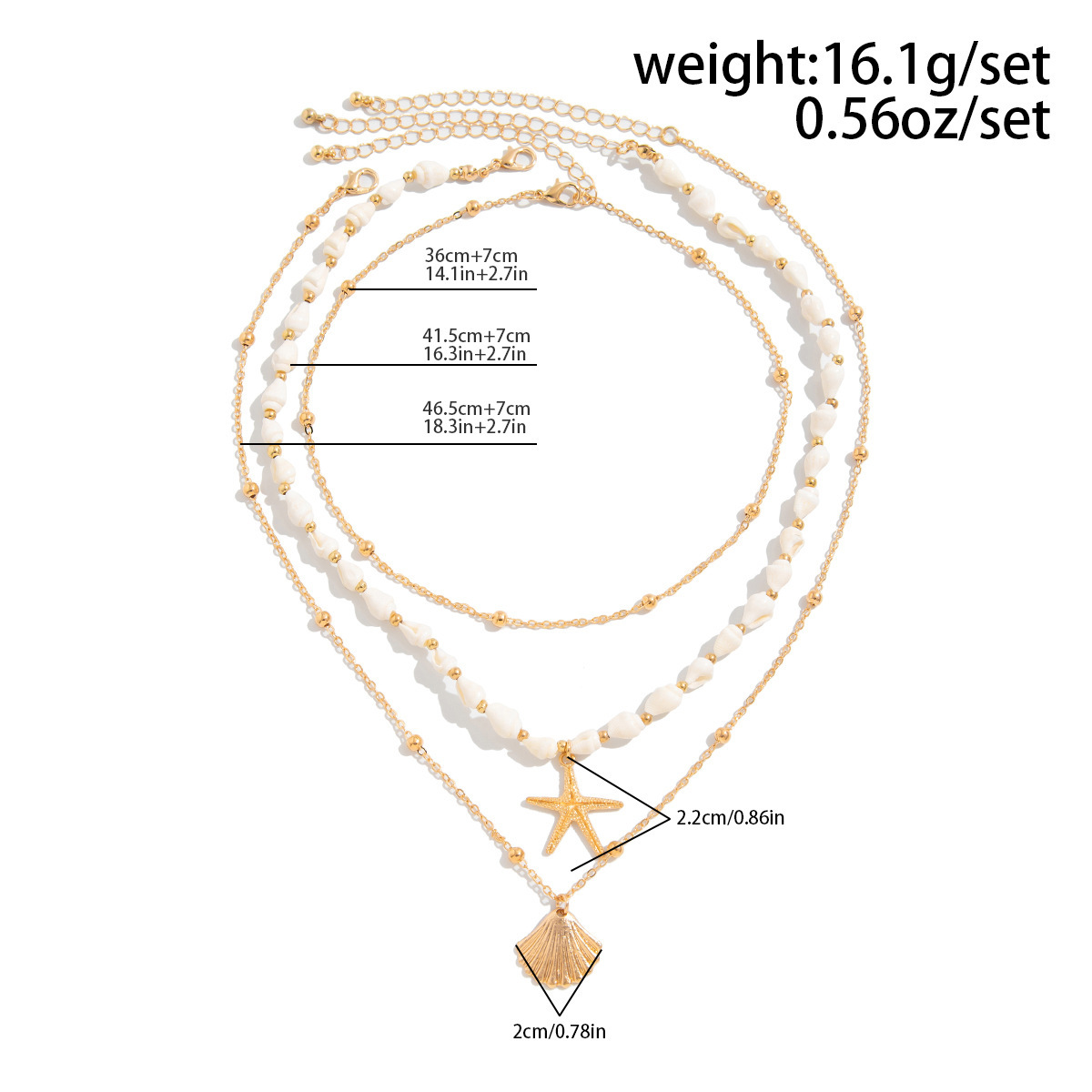 Ocean Vacation Style Starfish Scallop Shell Pendant Necklace Multi-layer Stacking Metal Chain Necklace