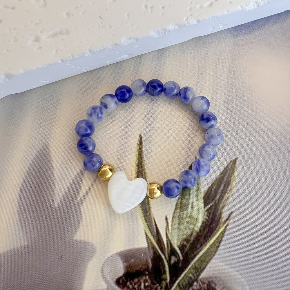 Colorful Natural Stone and Stainless Steel Bead Ring: Heart-Shaped Seashell DIY Craft—Sweet Set of Rings for the Index Finger