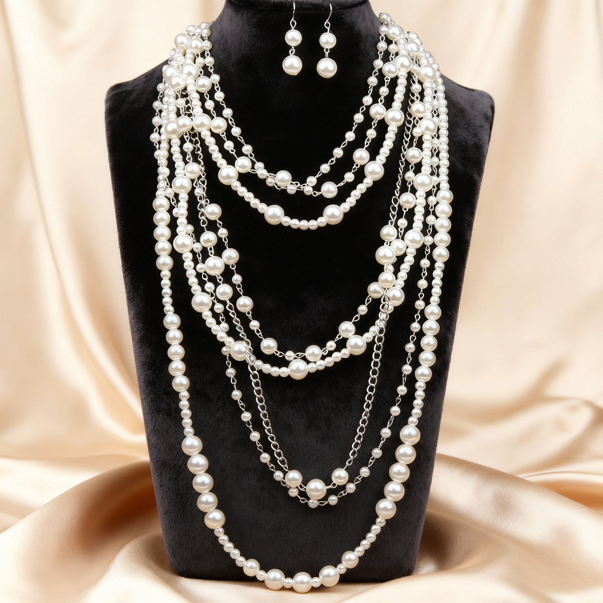 Exaggerated Multi-layer Women Pearl Necklace Earring Set Long Women Beaded Sweater Chain