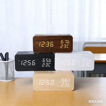 Wireless charging LED clock electronic charging wooden alarm clock, voice-controlled thermometer charging wooden clock perpetual calendar