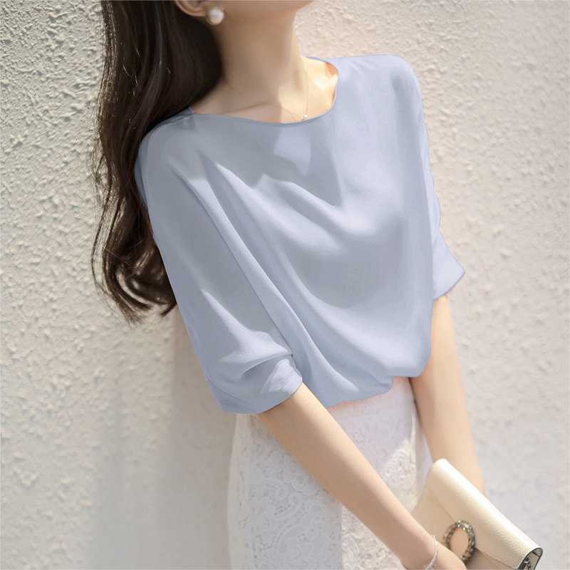 2026 Early Autumn S298 Small Lapel Blouse Women Summer Silk Top Half Sleeve Shirt