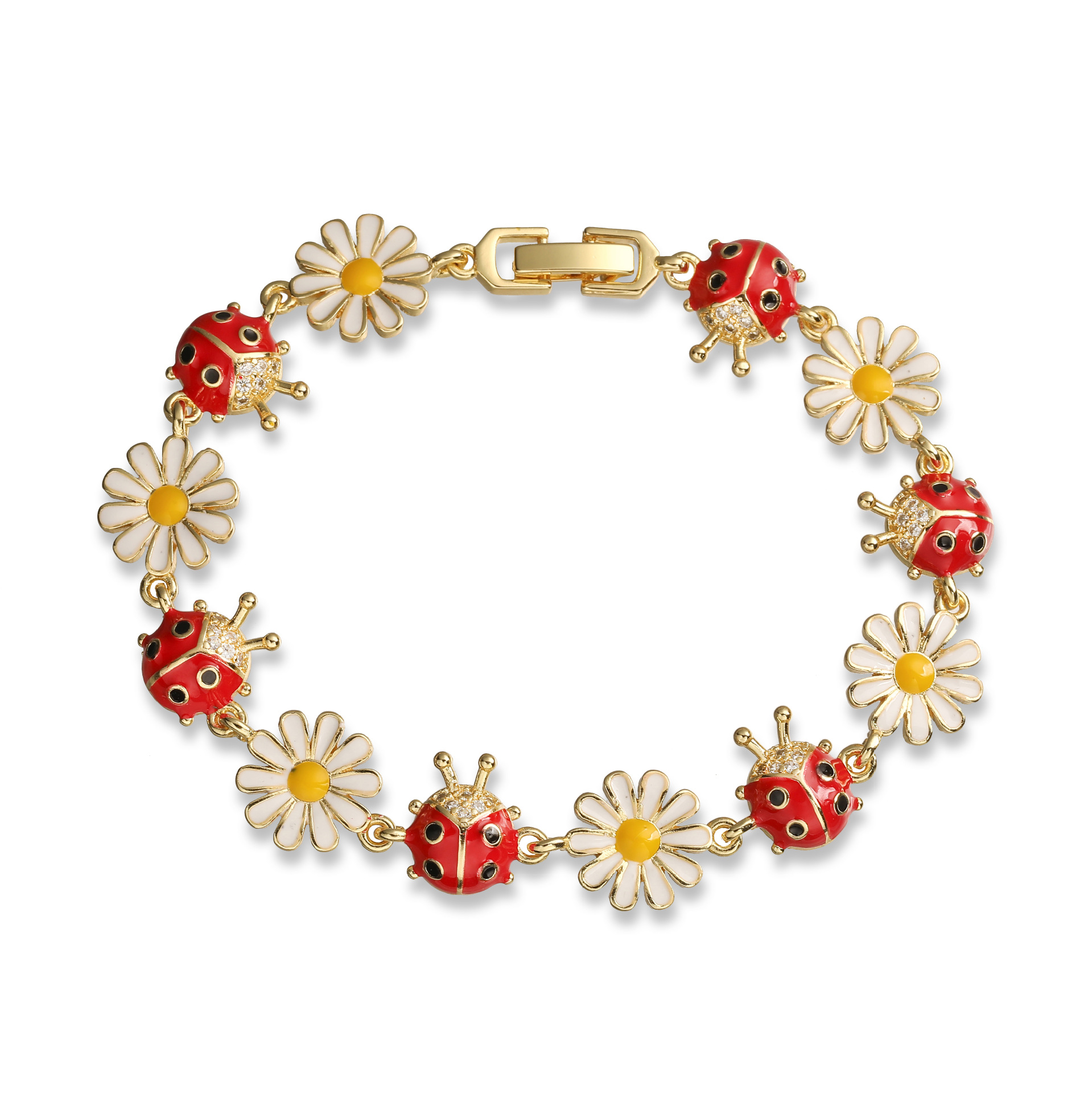 Fresh and Cute Colorful Drip Oil Beetle Daisy Patchwork Bracelet for Women Unique Flower Ladybug Bangle