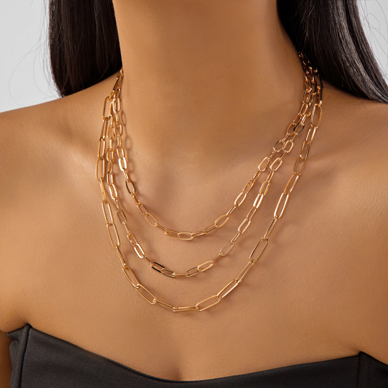 Simple Geometric Layered Necklace Gold Rhinestone Multi-layer Necklace Heart Square Plate Chain Layered 6-piece Set