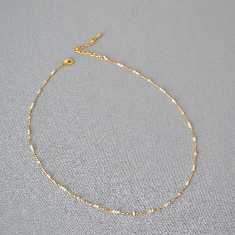 Simple mini baby small pearl spaced brass gold-plated elegant ultra-fine necklace锁骨链