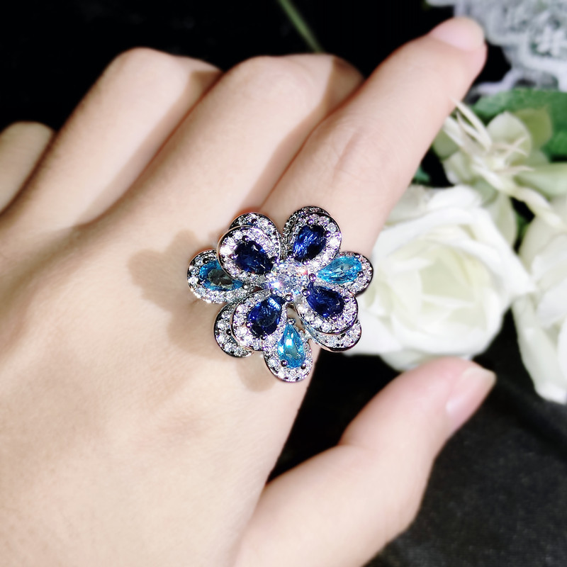 Colorful zircon flower set silver needle earrings simple立体 camellia pendant open ring