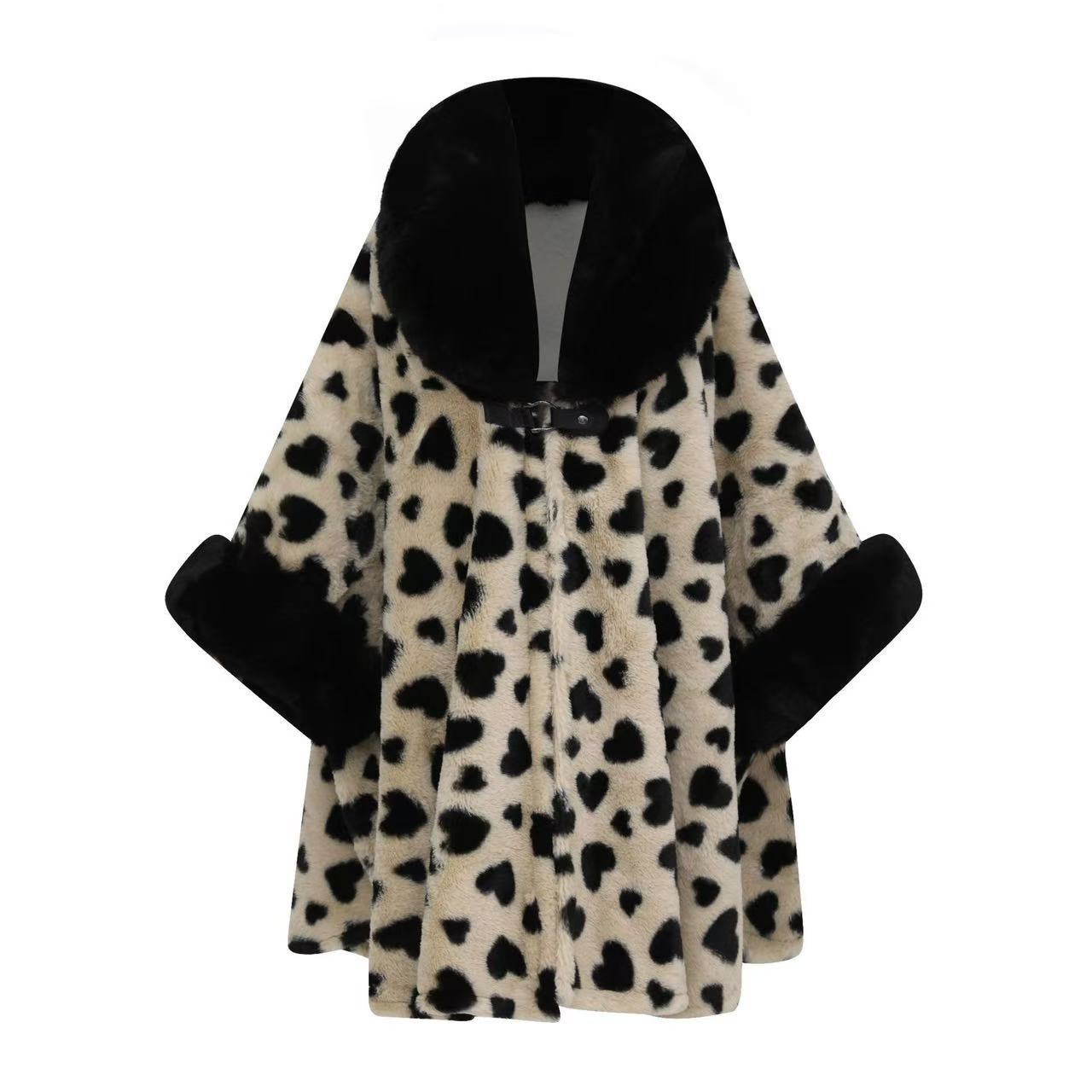 0952# Autumn Winter New Shawl Plus Size Loose Large Fur Collar Fleece Lined Thickened Cape Shawl Printed Wool Coat
