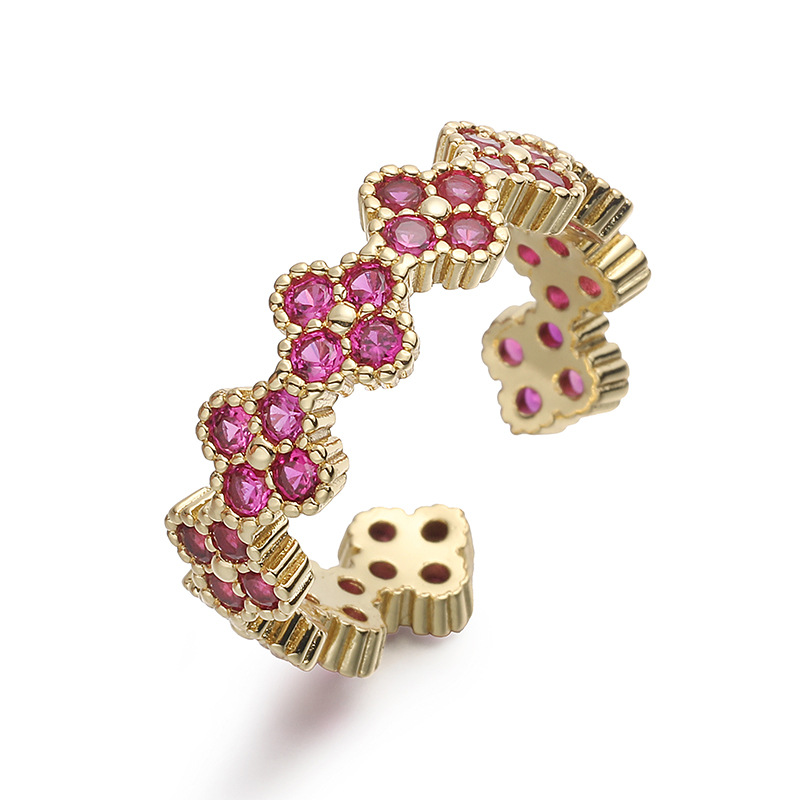 Copper Inlaid Colorful Diamond Four-Leaf Clover Ring Unique Super Shiny Flower Petal Open Adjustable Ring