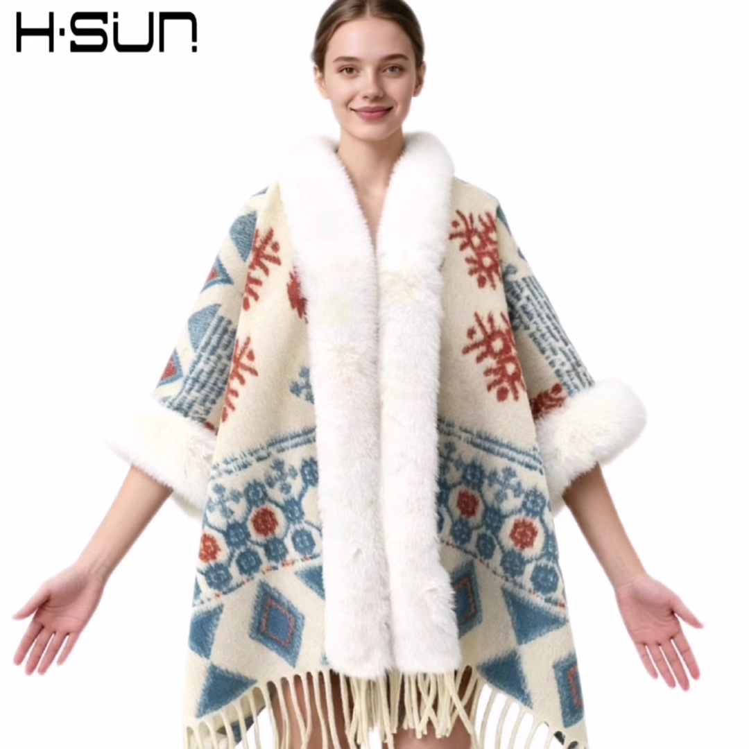 New Knit Cape Poncho Elegant Ethnic Style Fringe Wool Shawl Warm Ethnic Style
