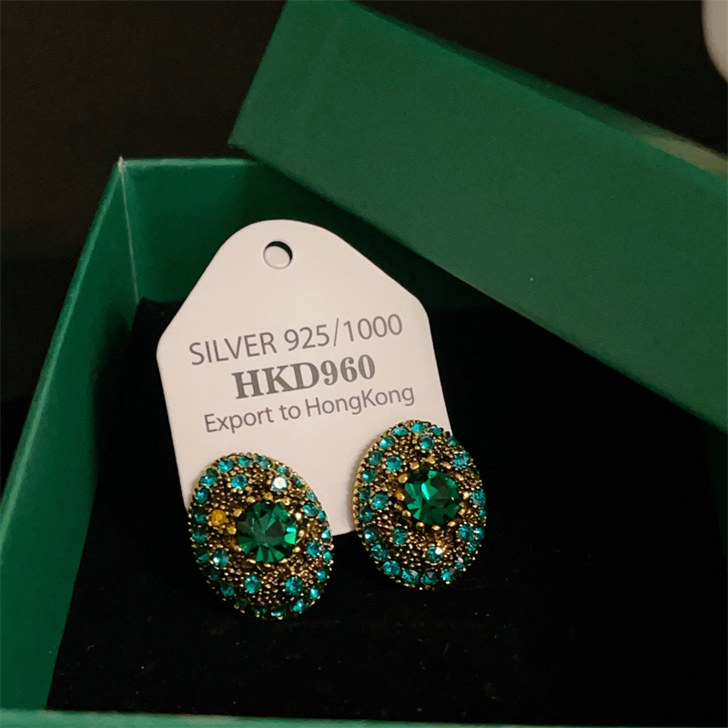 Wind Green Heavy Craft Gemstone Ear Studs Vintage Geometric Colorful Gem Earrings Ear Accessories