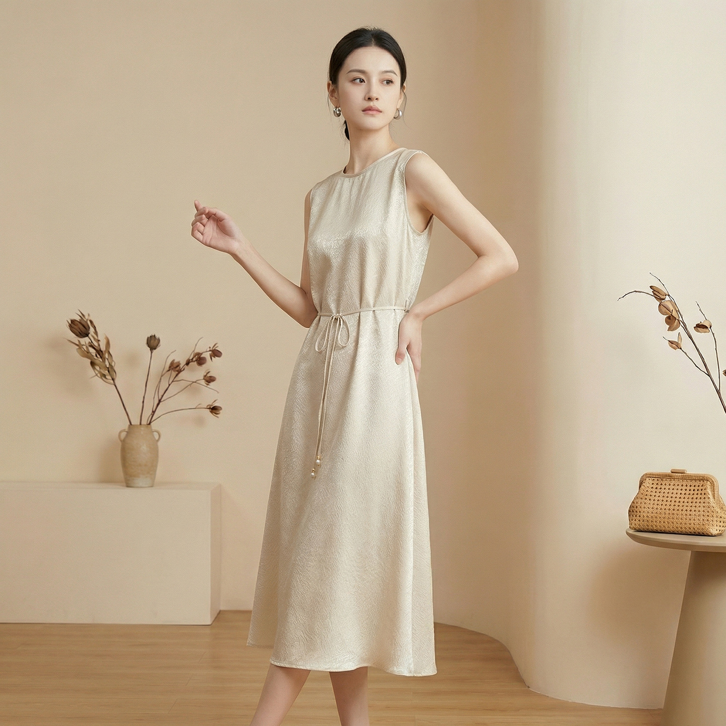 2026 Spring Summer New Heavyweight Dress for Women Sleeveless Round Neck Mulberry Silk Mid-Length Inner Wear Vest Dress