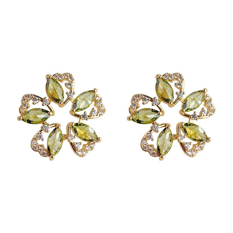 Vintage Retro Colored Gem Green Zircon Earring Collection Court Style Ear Studs Ear Accessories