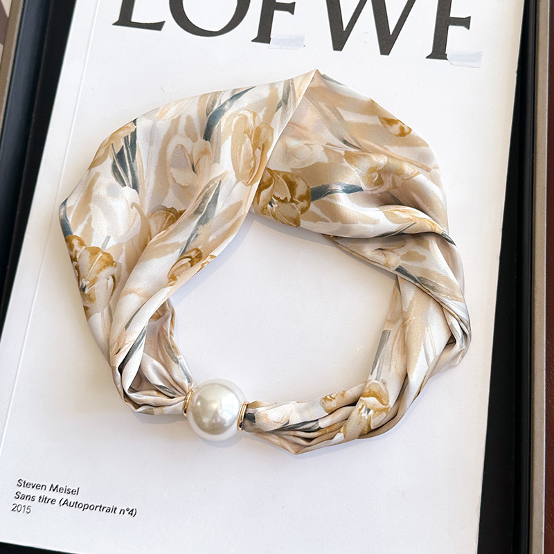 Magnetic buckle pearl necklace small long strip silk scarf women mother neck protection lazy matching shirt thin scarf