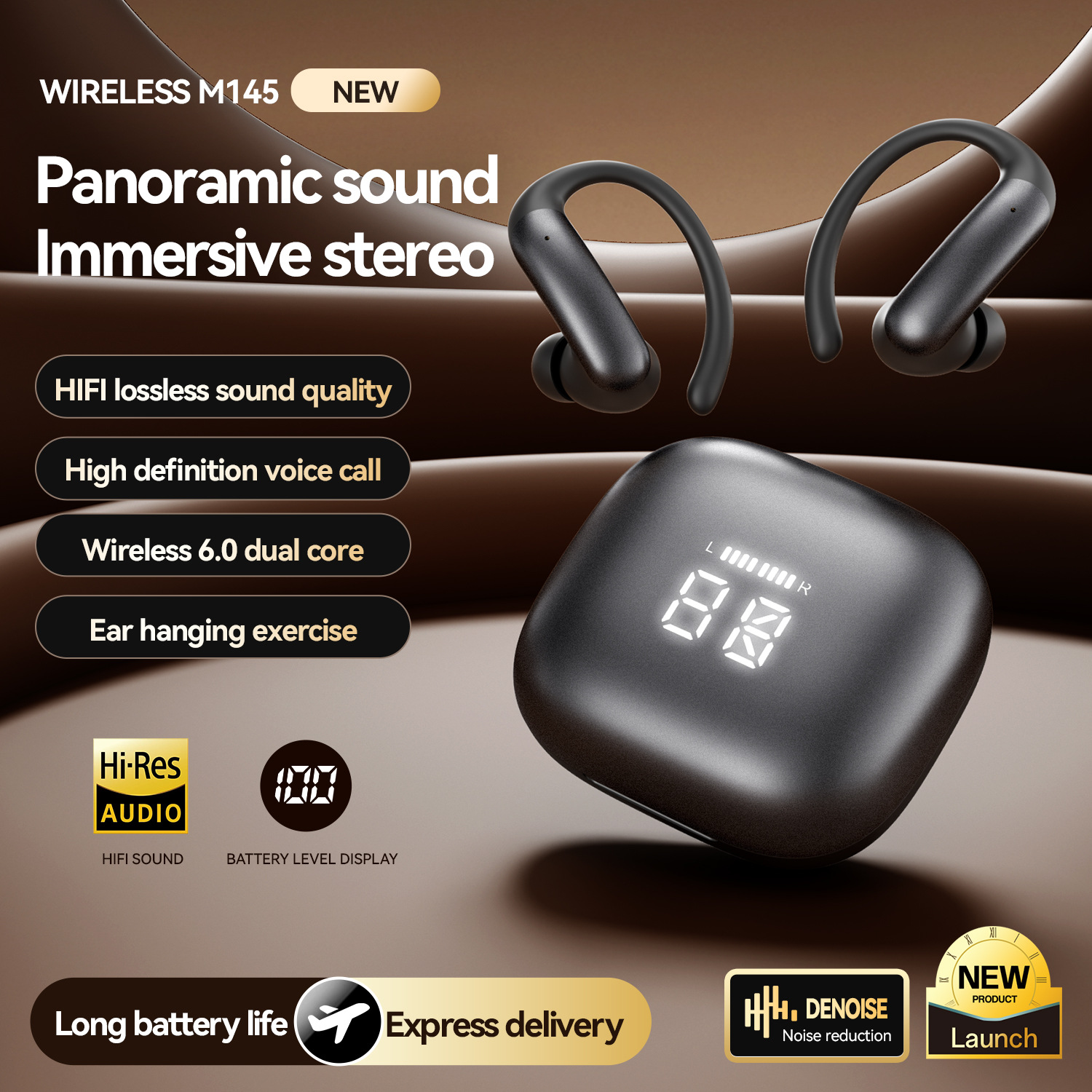 M145 Long Battery Life Hanging Ear and In-Ear Earphones Private Mold Low Latency Wireless Bluetooth Earphones