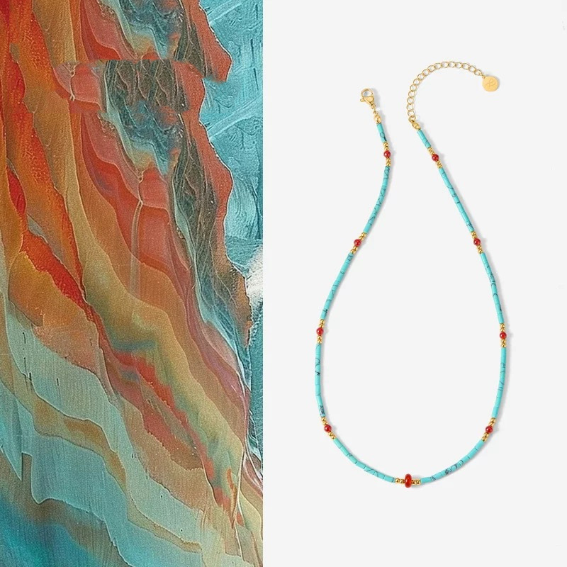 Red agate turquoise bead titanium steel necklace niche accessories women's accessories neck chain collarbone chain