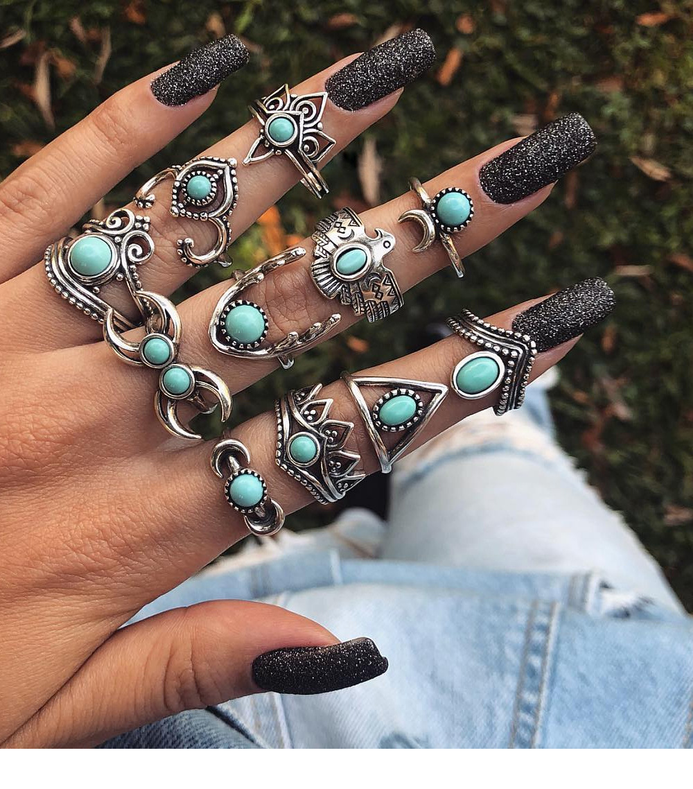 New Ring Bohemian Feather Turquoise Hollow 9-Piece Set Ring
