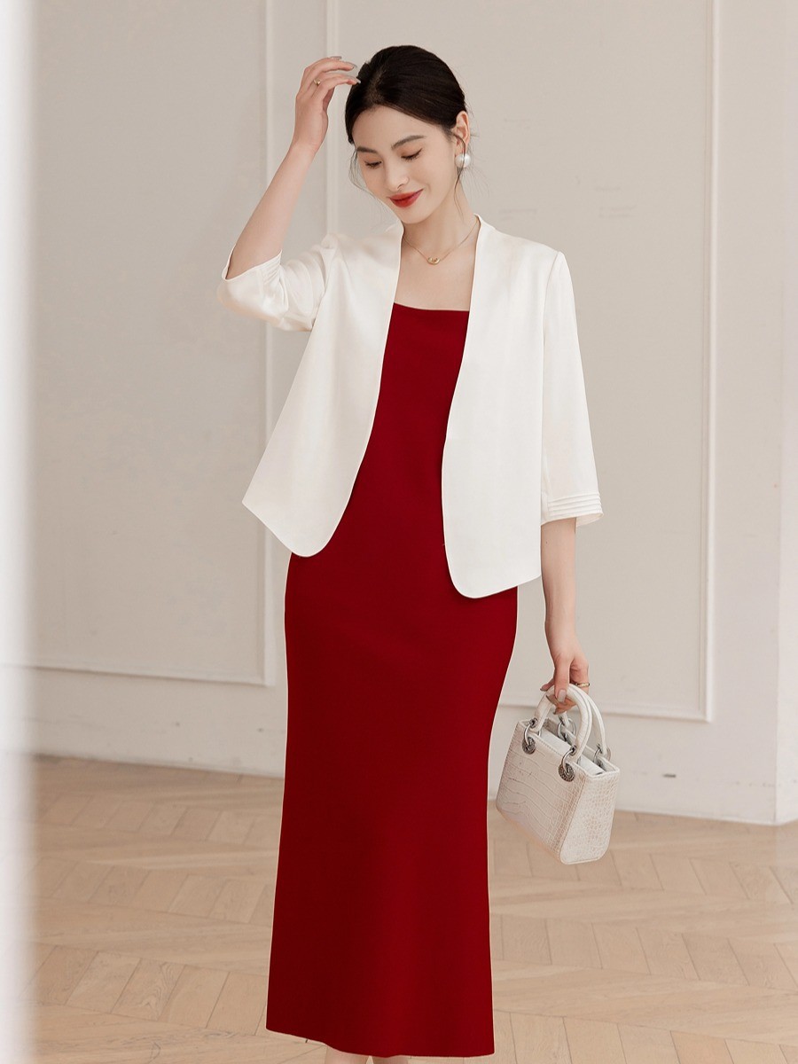 2026 summer solid color acetate suit jacket women five-point sleeve collarless short blazer