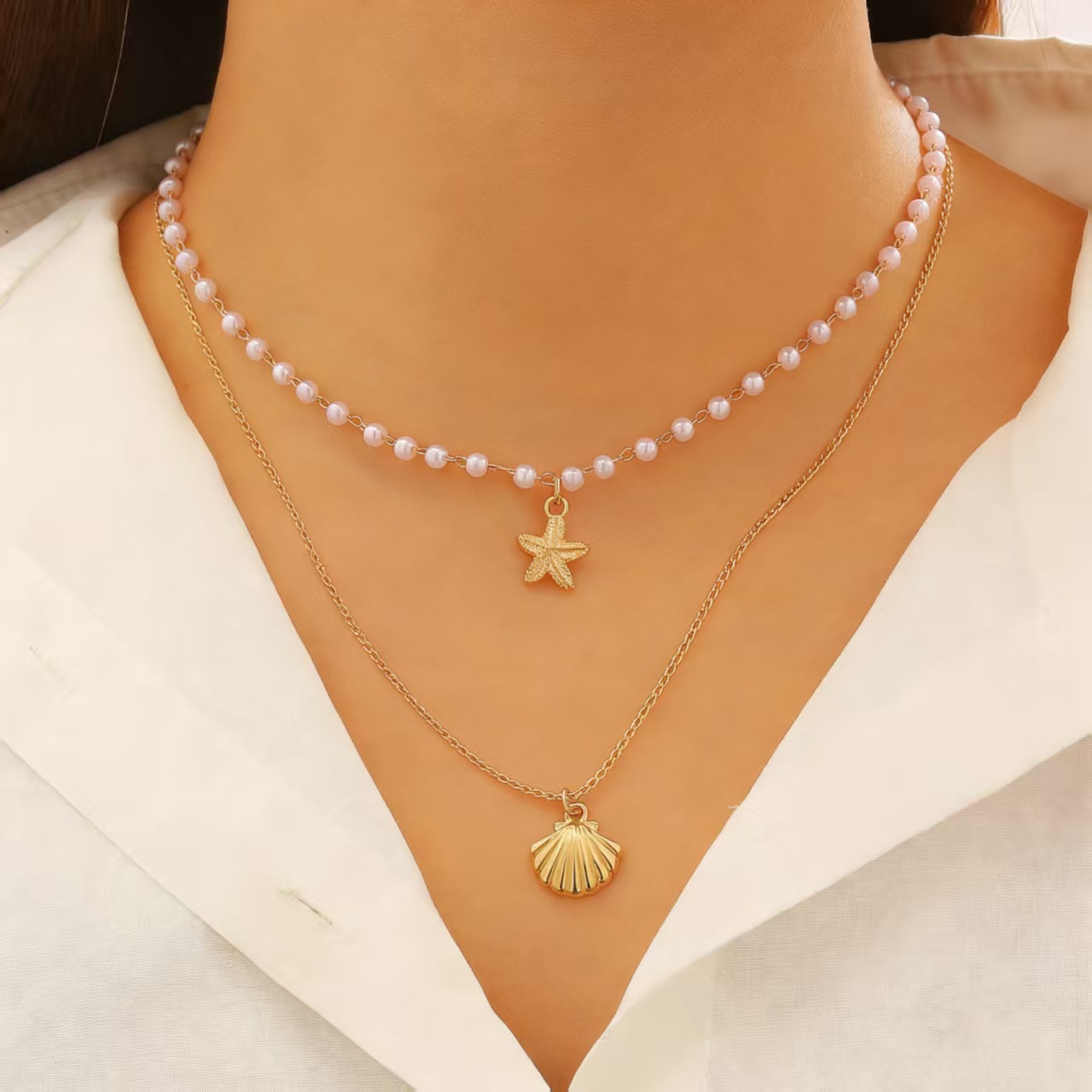 Bohemian Summer Beach Shell Collarbone Chain Niche Seaside Imitation Pearl Starfish Conch Pendant Necklace Bracelet