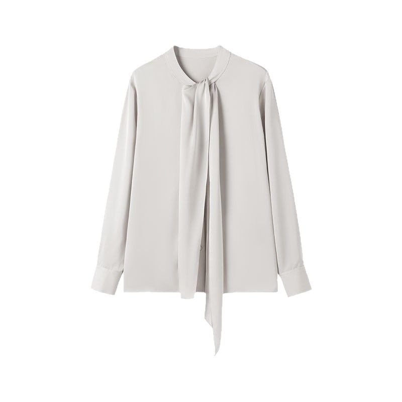 New Silk Blouse for Women Spring Long Sleeve Tie Mulberry Silk Shirt Mid-Length Solid Color Top