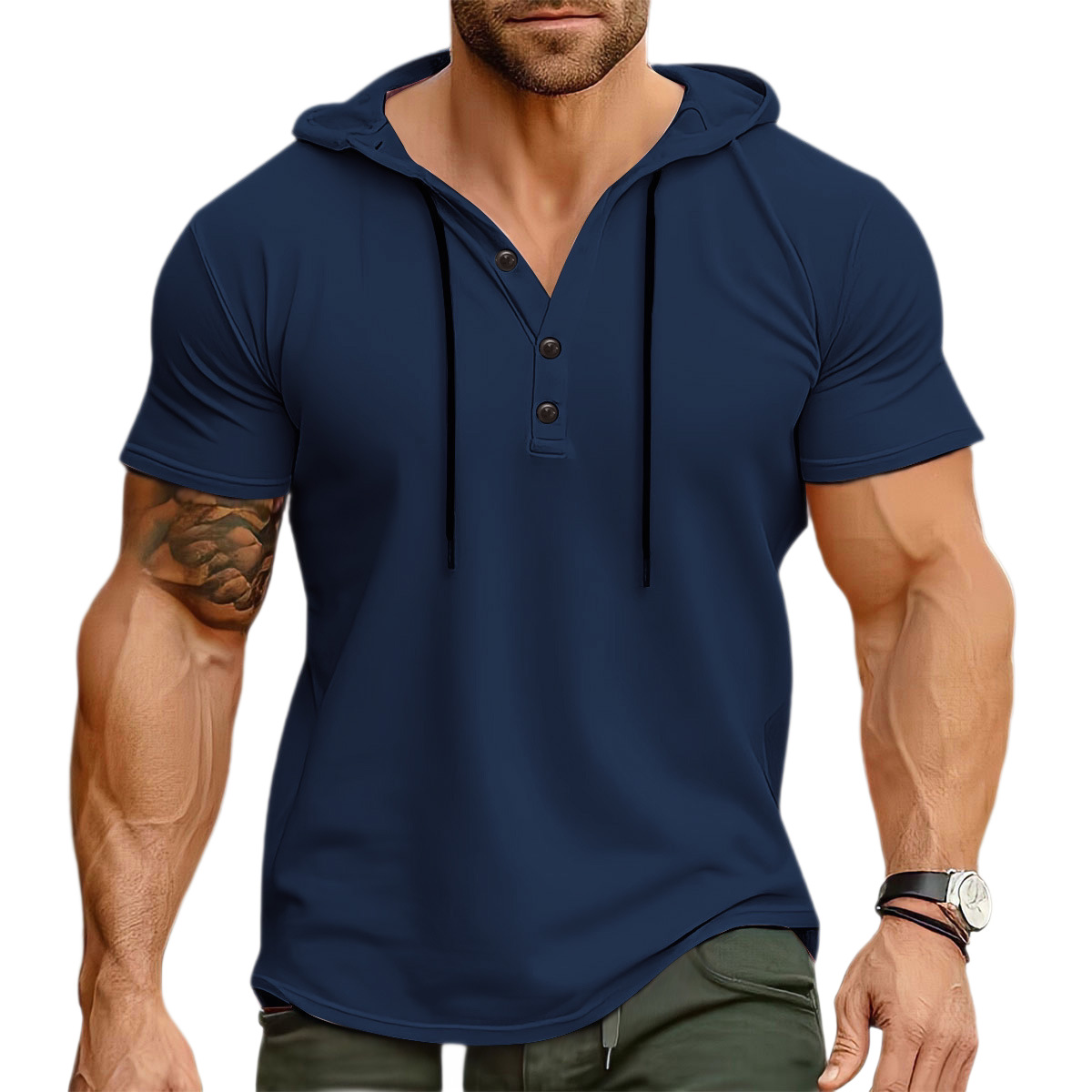 Summer New Men's Hooded V-Neck Short Sleeve T-Shirt Solid Quick Dry Fitness Sports Top European Size