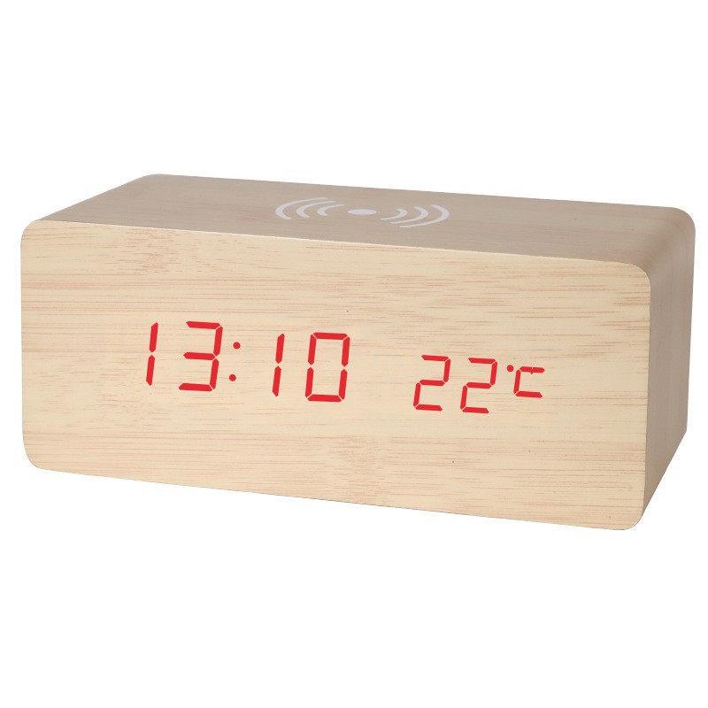 Smart LED wooden clock digital electronic alarm clock, charging clock bedside wireless charging digital wooden clock