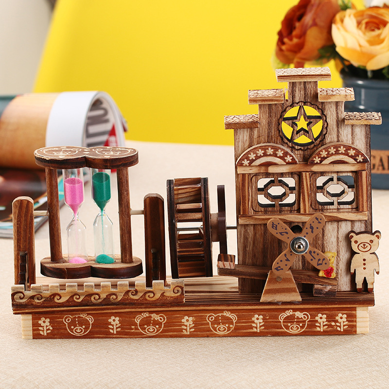 M1512 Wooden House Windmill Sailboat Rotating Music Box 60-273 Wooden Pen Holder Student Birthday Gift