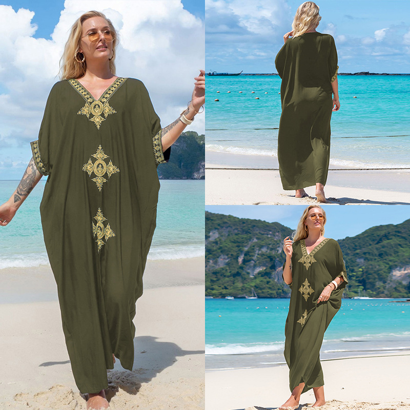 New Rayon Gold Embroidery Long Dress Beach Jacket Sun Protection Bikini Cover Up Swimsuit Outer Women